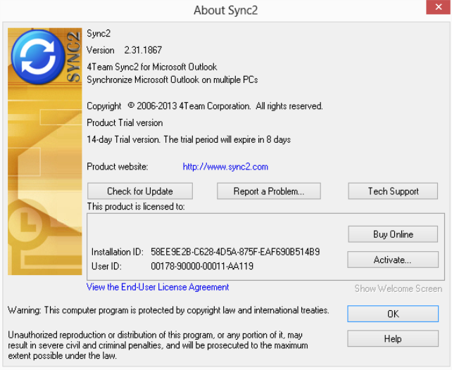 About Sync2 dialog